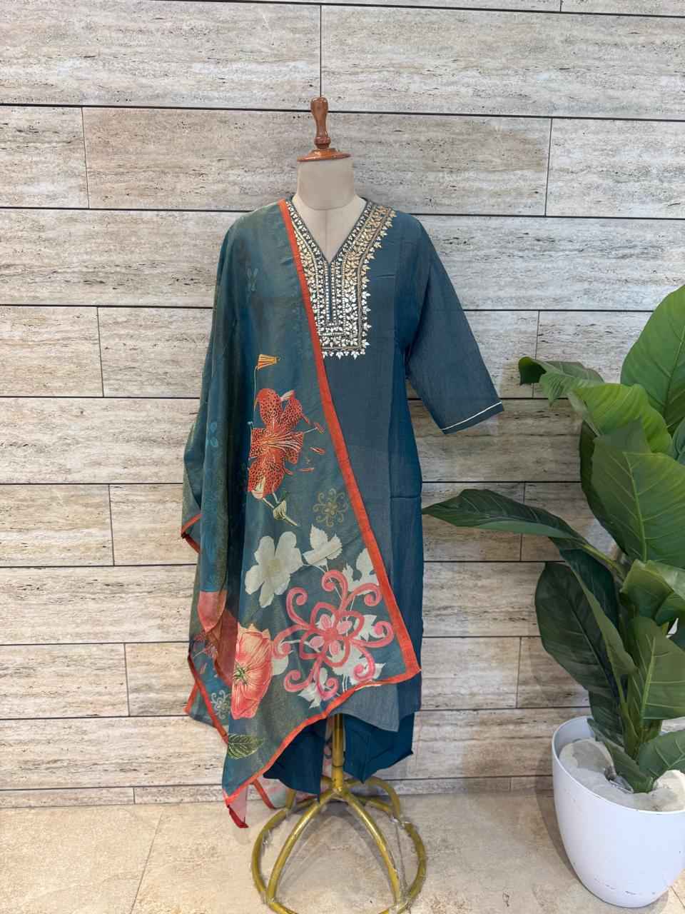 Festival Wear  Pure Shimmer Three Piece  Dupatta Set With Embroidery