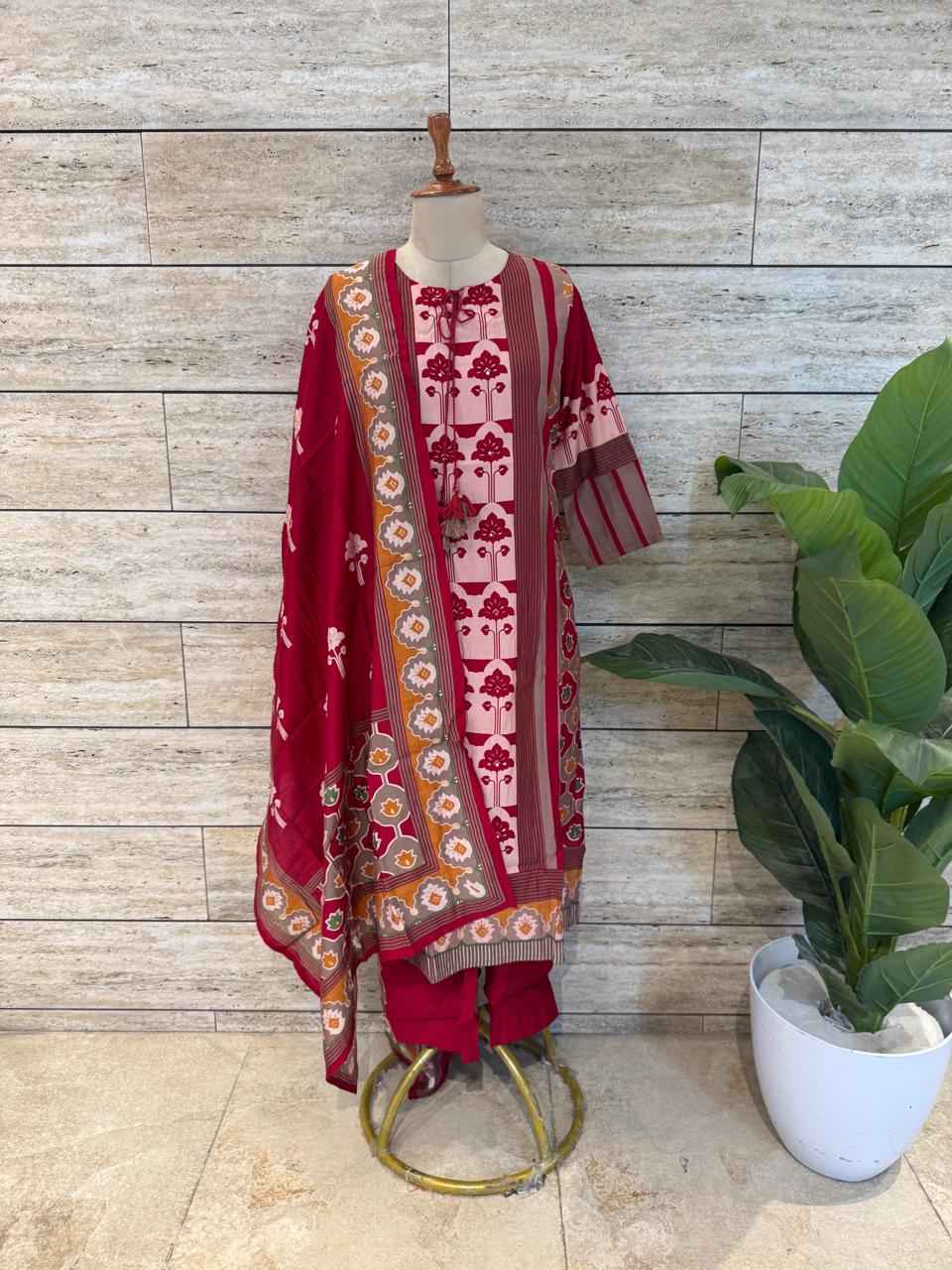 Festival Wear  Pure Muslin Three Piece  Dupatta Set