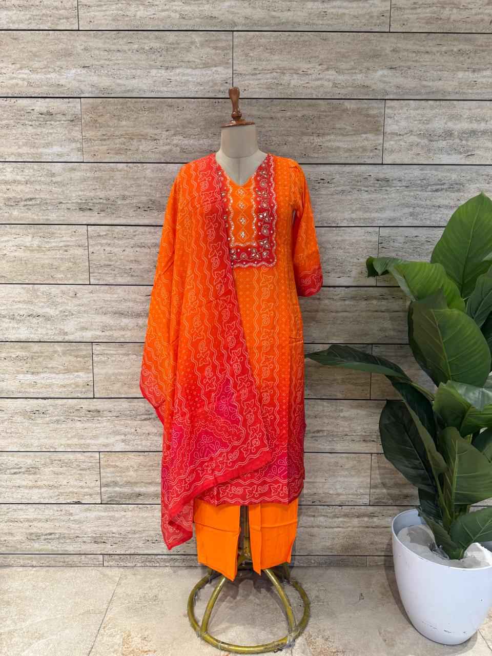 Festival Wear  Pure Muslin Three Piece Bandhej Print  Dupatta Set