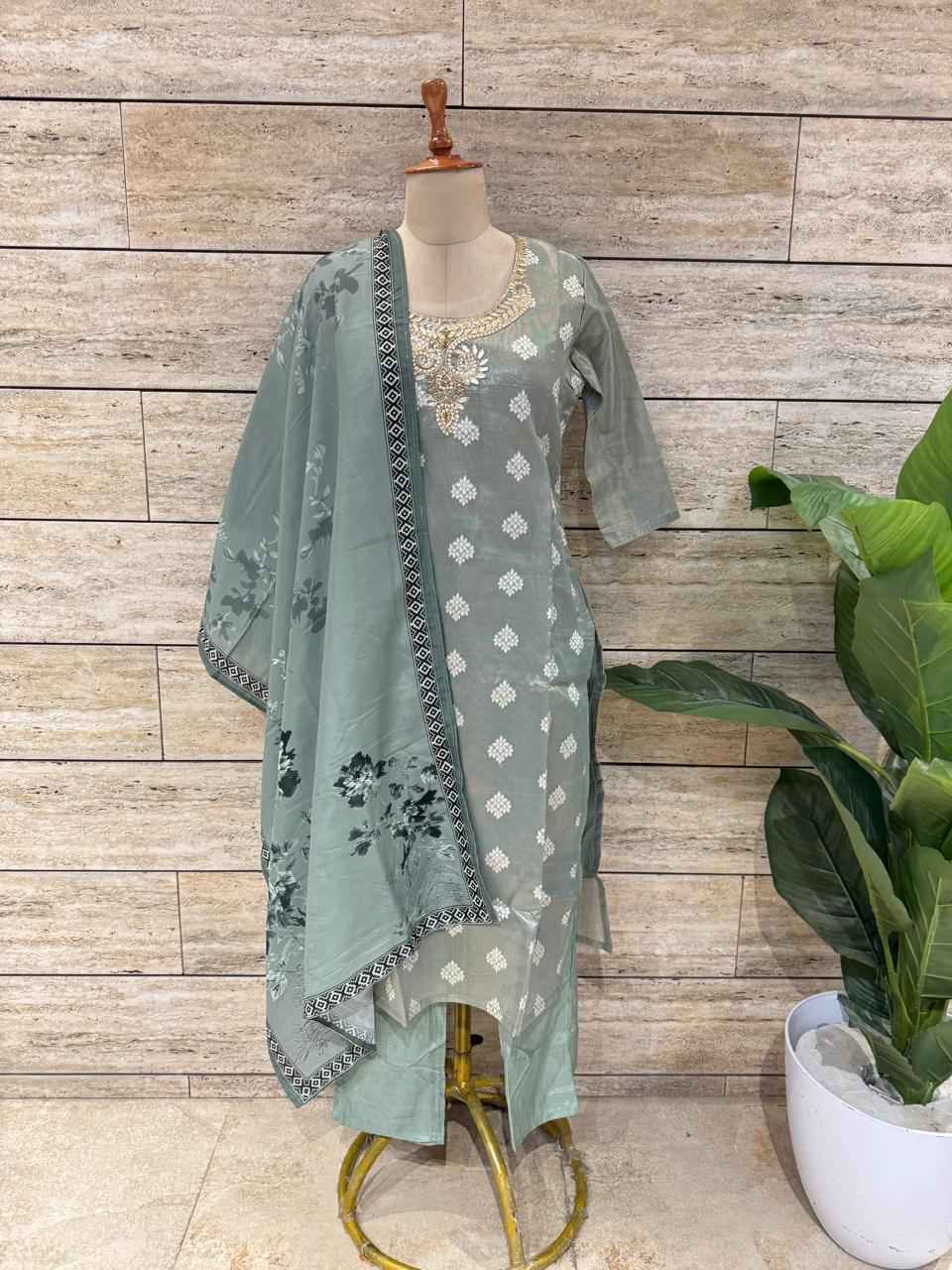 Festival Wear Pure Chanderi Silk Three Piece  Dupatta Set