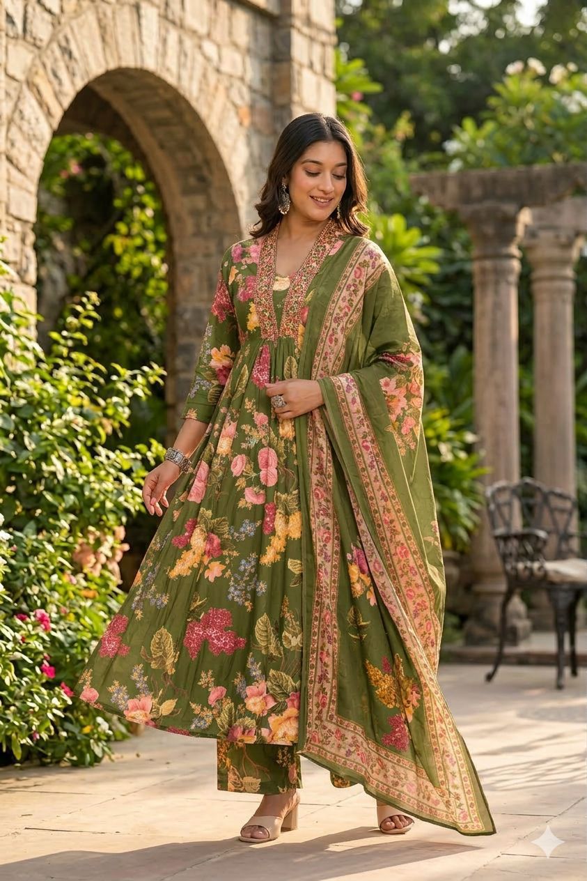 Floral Print Cotton Anarkali Dupatta Set ANK041