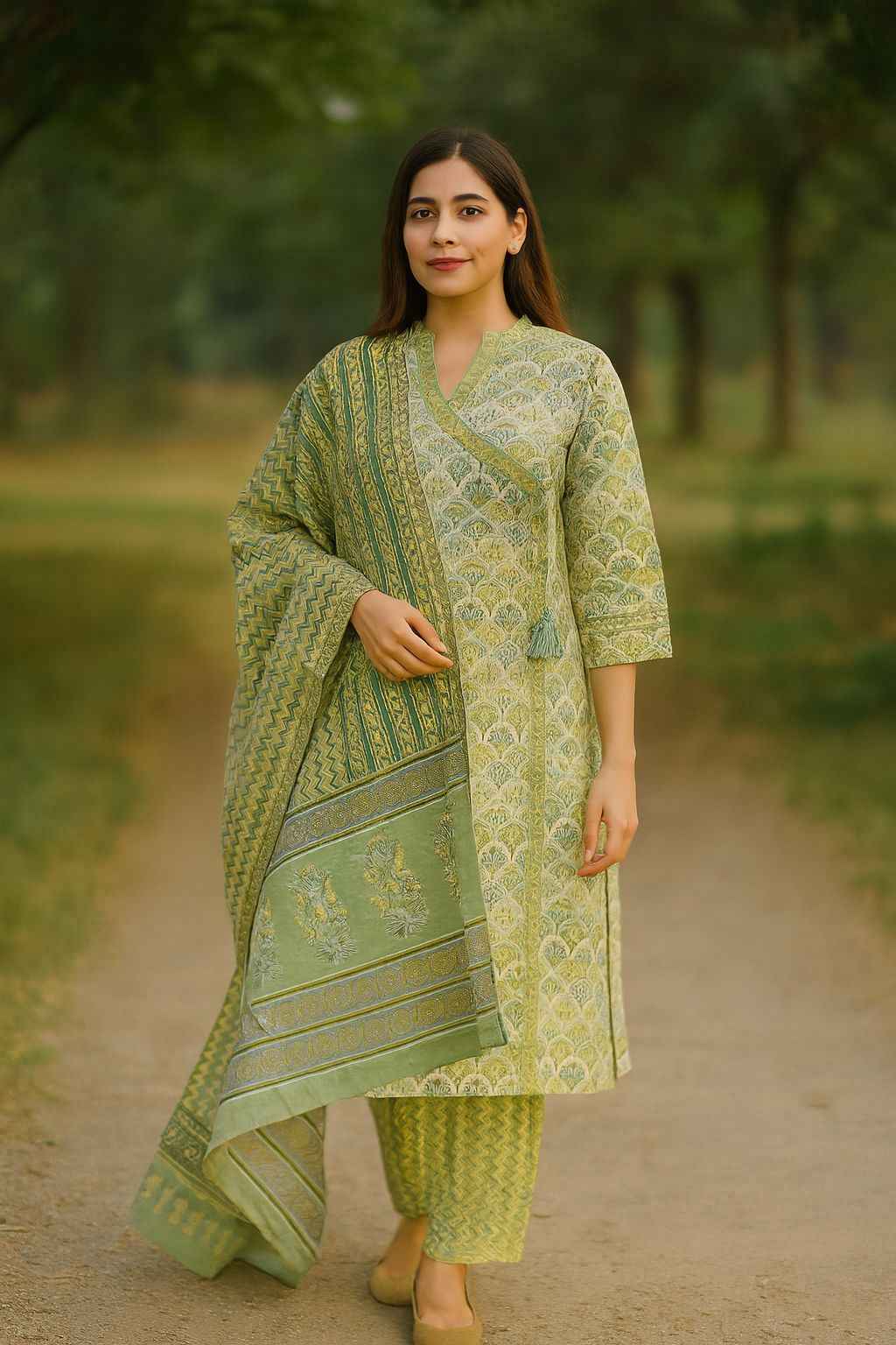 Three Piece Pure Cotton Angrakha Style Dupatta Set ANG004