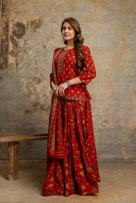 Short Length Dupatta Set With Skirt In Cotton Fabric CS0343