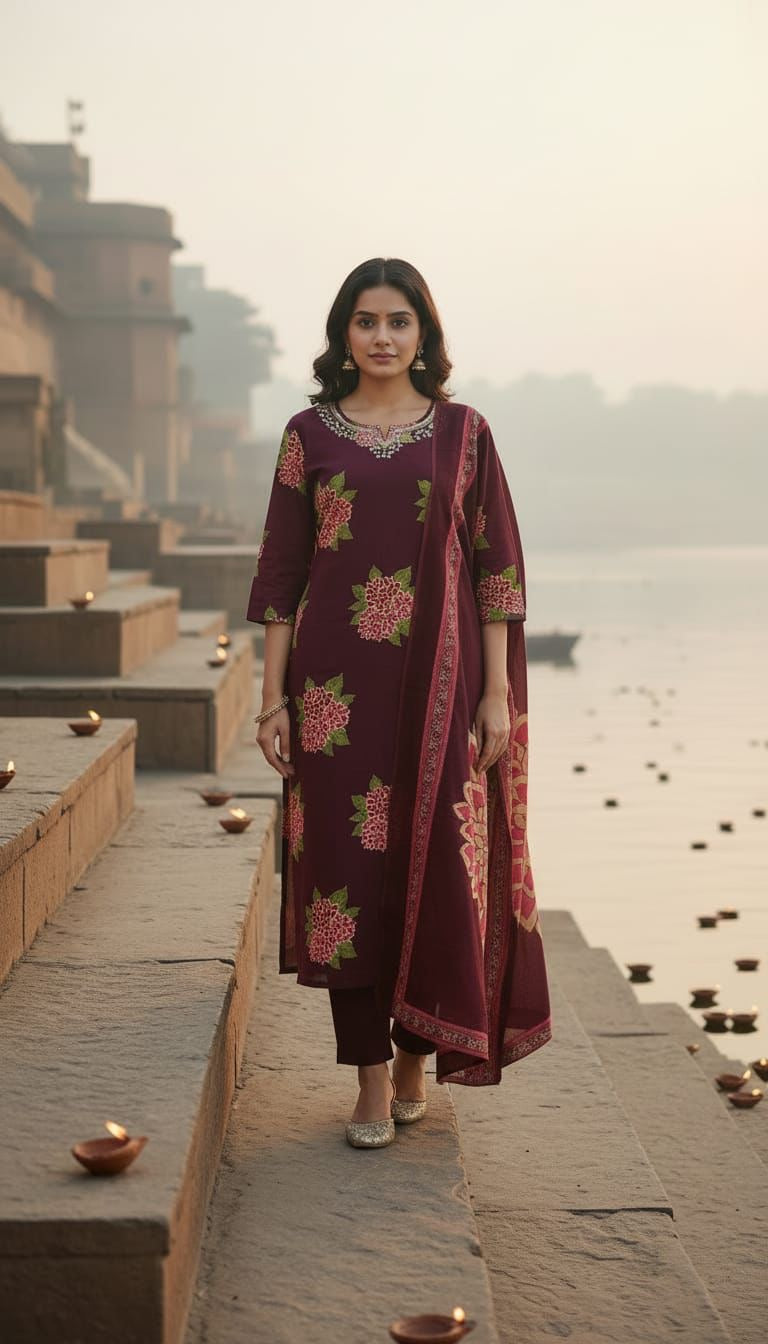 Premium Cotton Floral Print With Hand Work Neck Dupatta Set CS0156