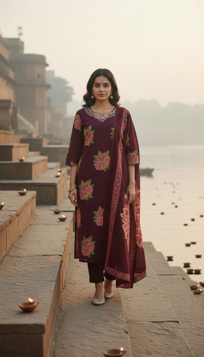 Premium Cotton Floral Print With Hand Work Neck Dupatta Set CS0156