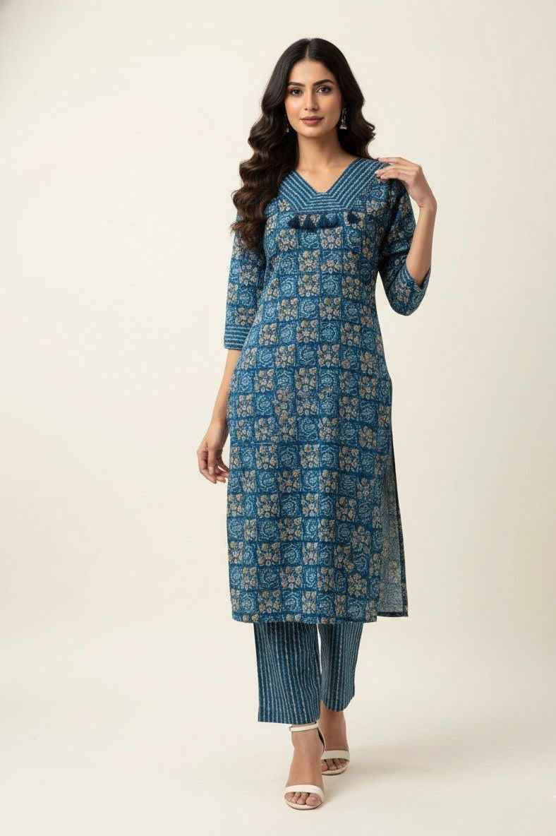 Pure Cotton Hand Block Print Two Piece Pant Set PS072