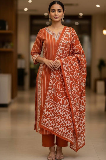 Pure Cotton Dupatta Set with Embroidery Work CS0121