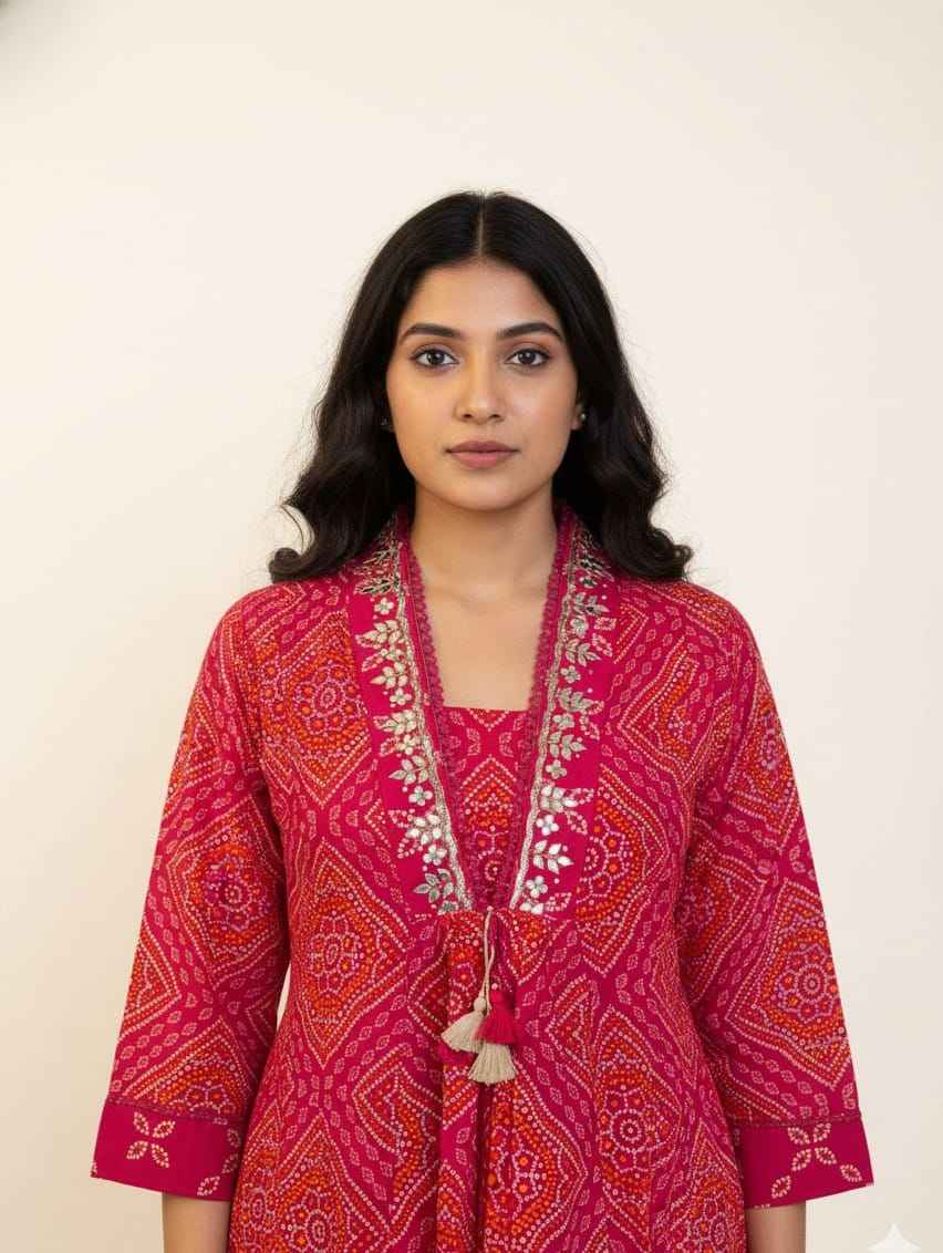 Premium Cotton A-Line Bandhej Print Dupatta Set With Embroidery CS0184