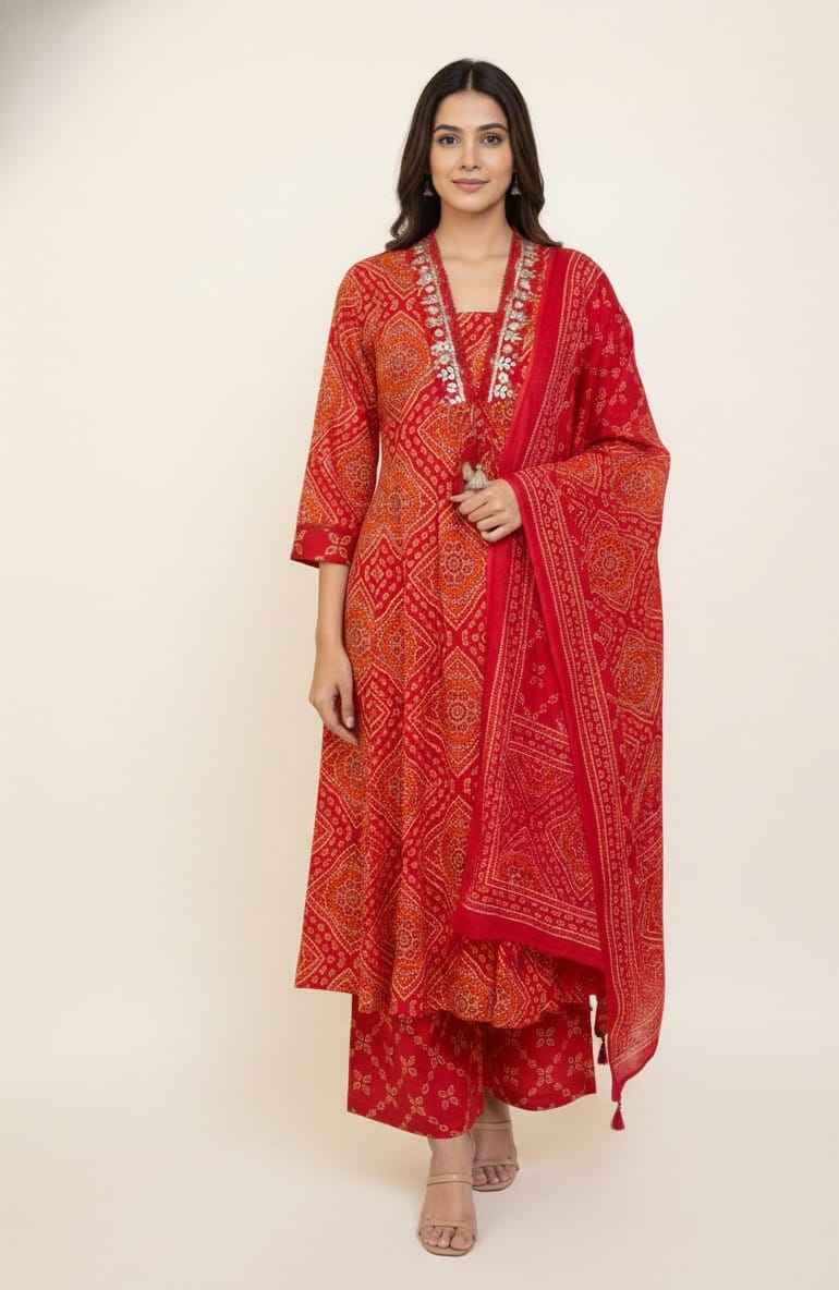 Premium Cotton A-Line Bandhej Print Dupatta Set With Embroidery CS0184