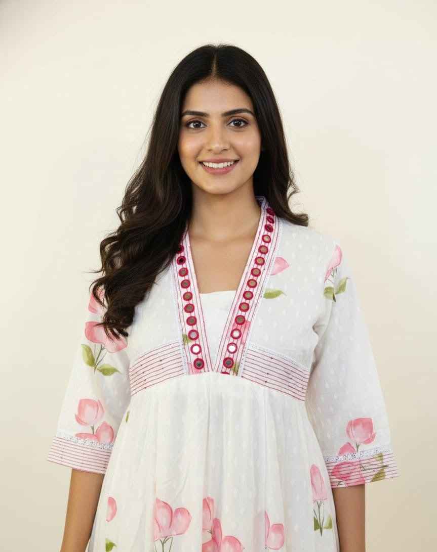 Premium Cotton Floral Print Anarkali With Kota Doriya Dupatta Set With Inner  ANK030