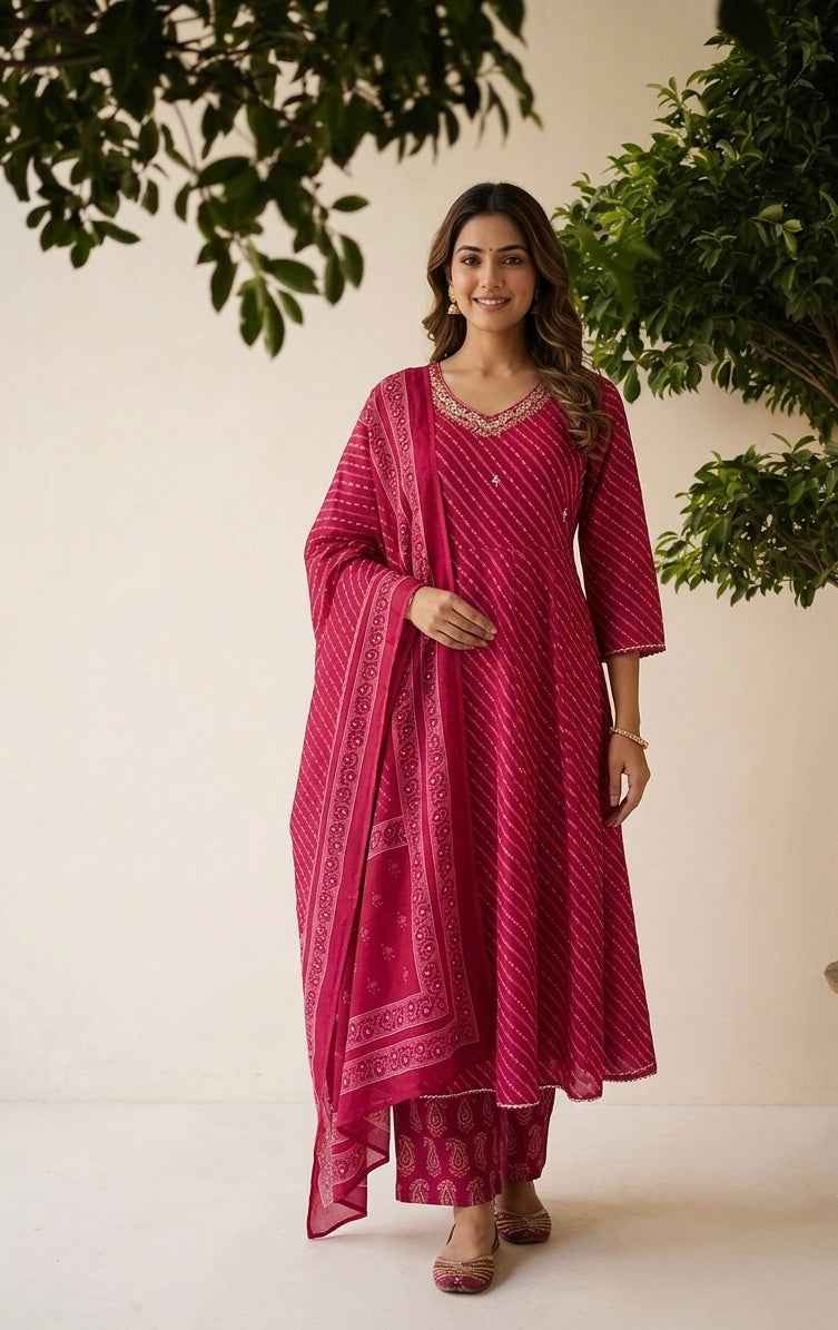Pure Cotton Anarkali Suit with Lehraiya Print