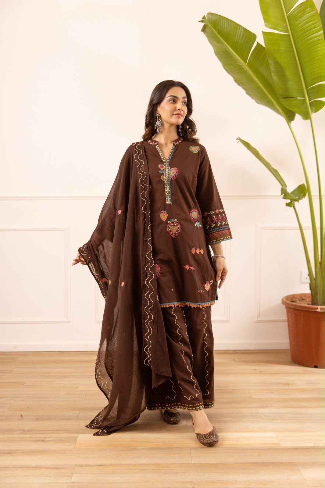 Premium Cotton Short Length Dupatta Set With Embroidery With Plazoo CS0256