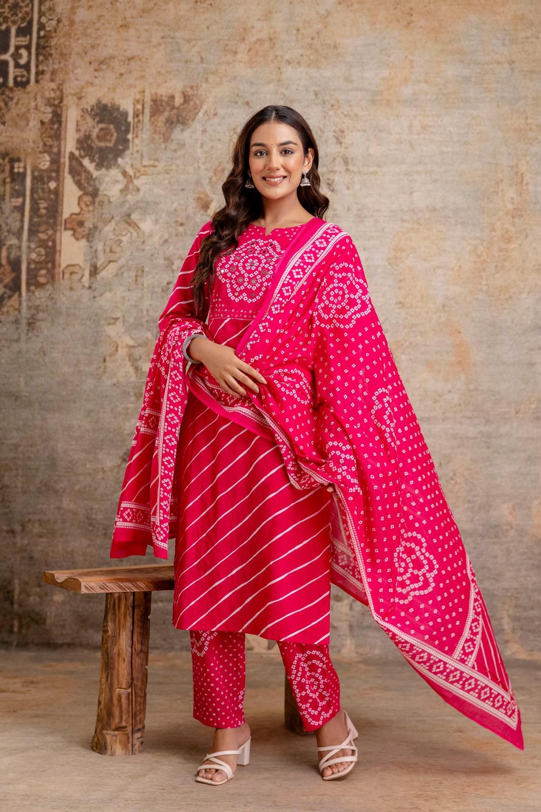 New Leheriya Print Straight Fit Cotton Suit In Pure Cotton  FW048