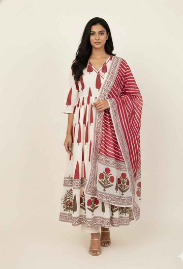 Pure Cotton A Line Anarkali Dupatta Set With Embroidery