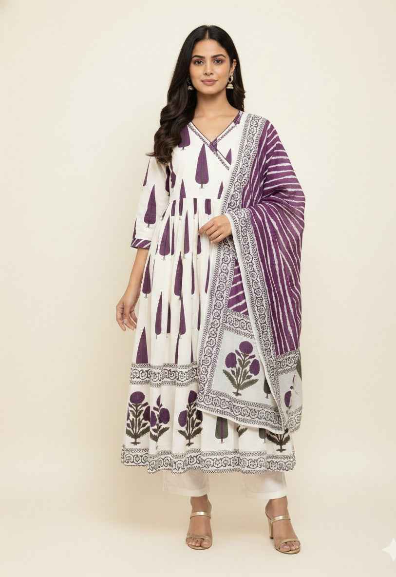 Pure Cotton A Line Anarkali Dupatta Set With Embroidery