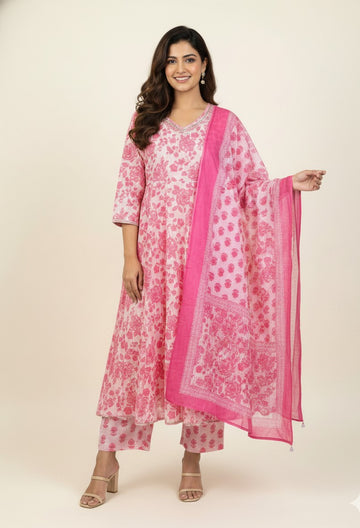 Pure Cotton A Line Anarkali Dupatta Set With Embroidery ANKO37