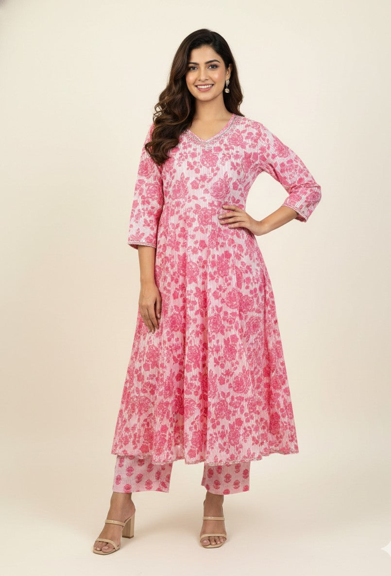 Pure Cotton A Line Anarkali Dupatta Set With Embroidery ANKO37