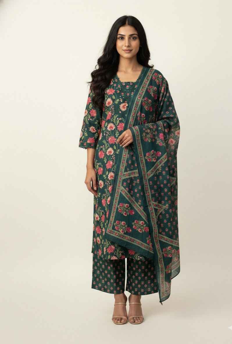 Pure Cotton Three Piece Dupatta Set