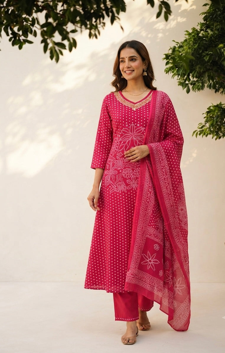 Pure Cotton A  Line Dupatta Set With Bandhej Print CS0284