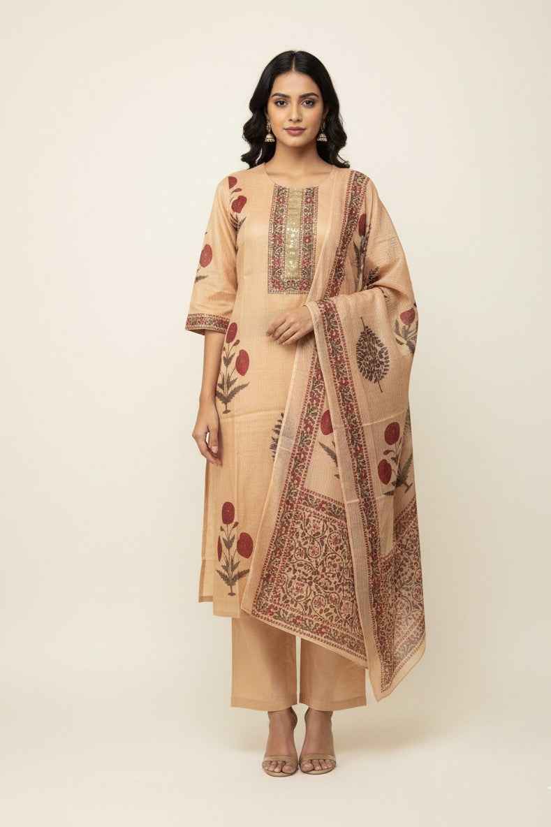 Kota Doria Floral Print Dupatta Set With Inner