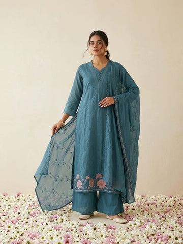 Pure Cotton Embroidered Dupatta Set With Lining
