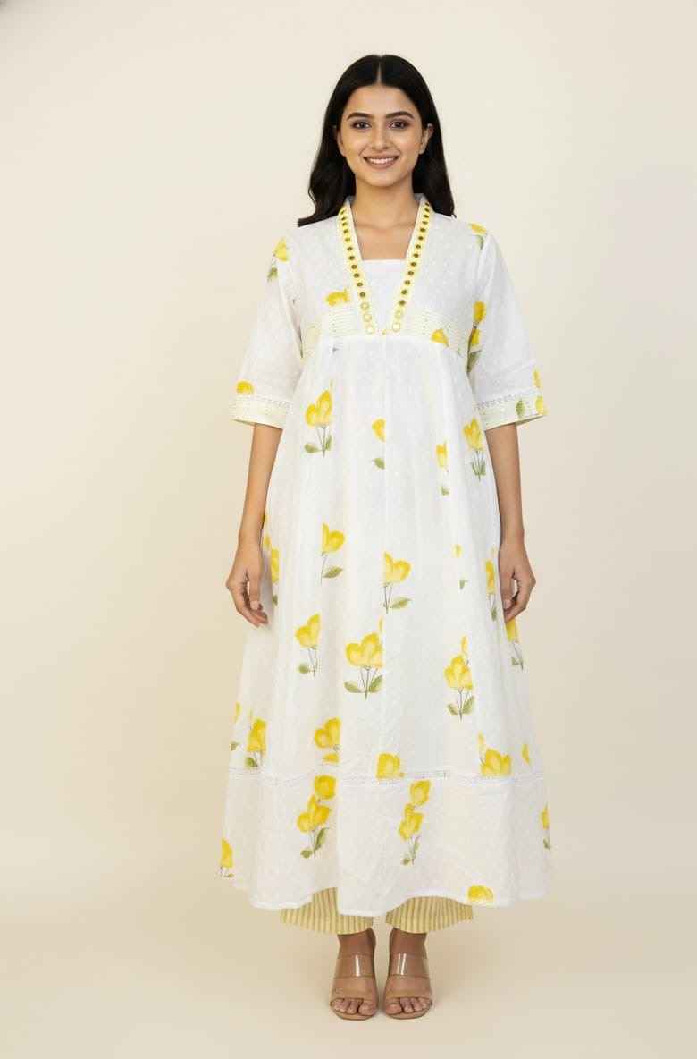 Premium Cotton Floral Print Anarkali With Kota Doriya Dupatta Set With Inner  ANK030
