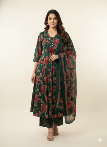 Pure Cotton A Line Anarkali Dupatta Set With Embroidery  ANK035