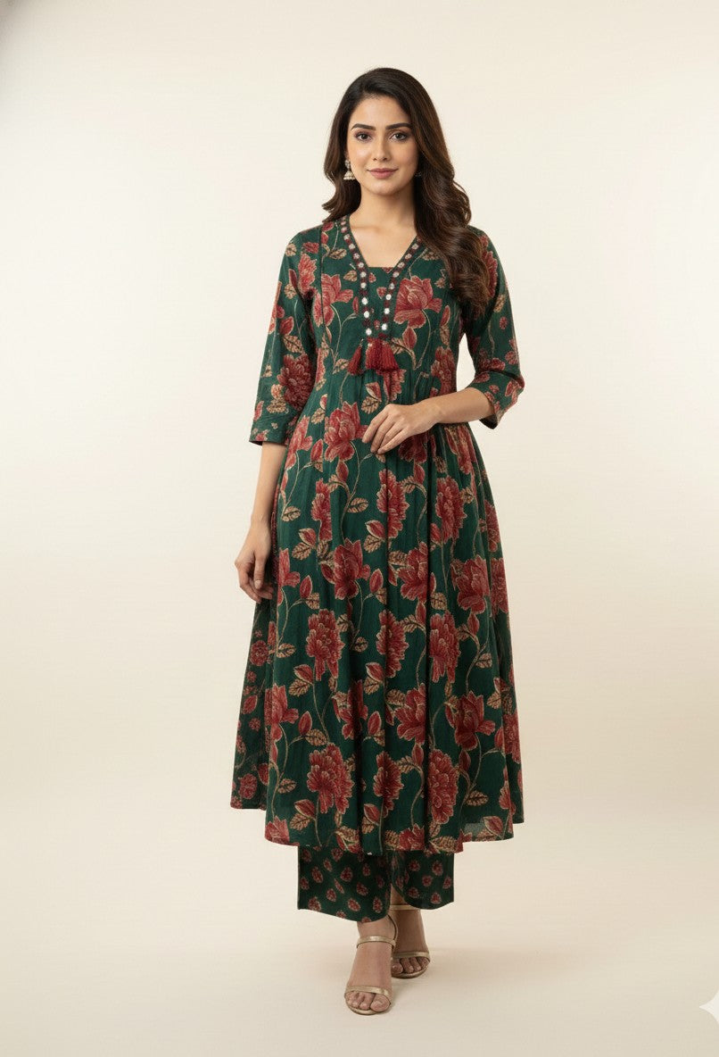 Pure Cotton A Line Anarkali Dupatta Set With Embroidery  ANK035