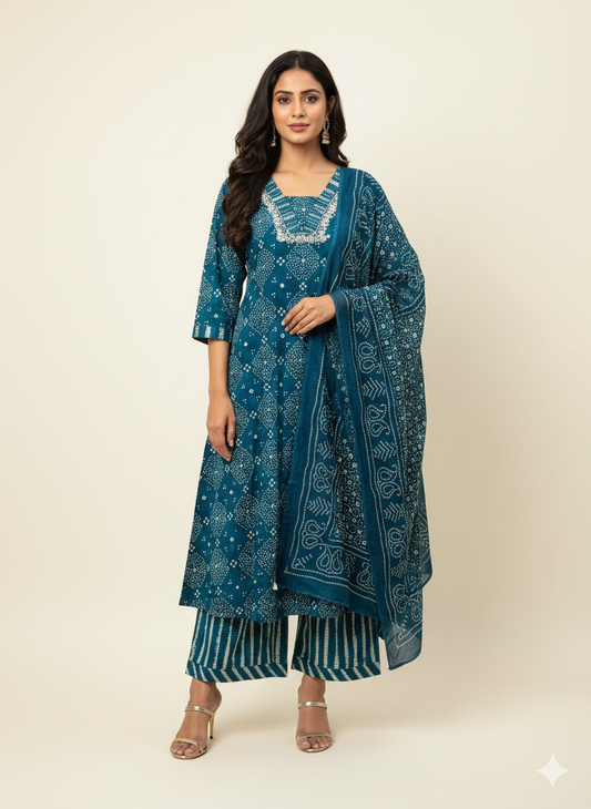 Pure Cotton A Line Three Piece Dupatta Set  CS0229