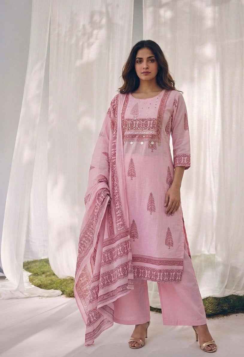 Premium Mul Cotton Three Piece Dupatta Set