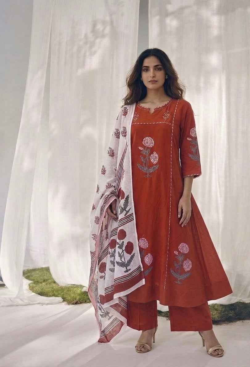 Pure Cotton Three Piece Dupatta  Set