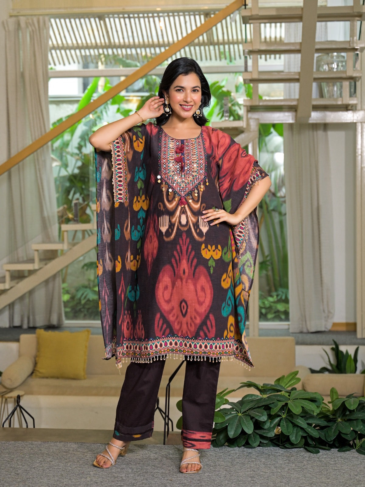 Cotton Two Piece Ikkat Print Kaftan Set In Ikkat Print MK012
