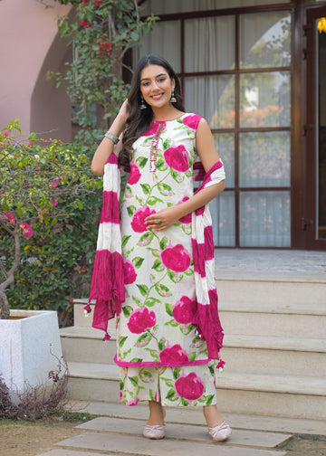Premium cotton floral print sleeveless Dupatta set