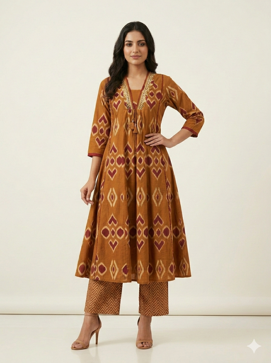 Pure Cotton A Line Three Piece Dupatta Set With Embroidery