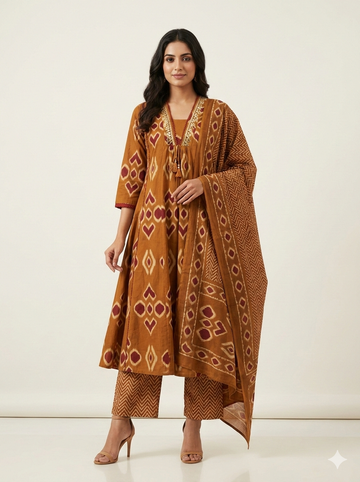 Pure Cotton A Line Three Piece Dupatta Set With Embroidery