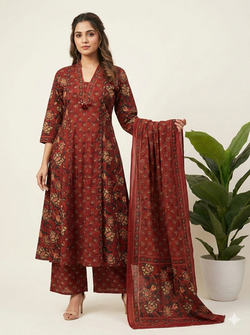 Pure Cotton A Line Anarkali Dupatta Set With Embrodery