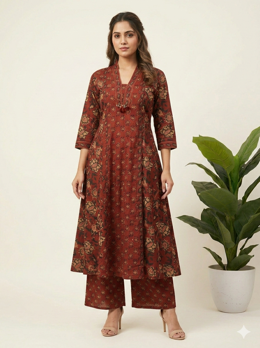 Pure Cotton A Line Anarkali Dupatta Set With Embrodery