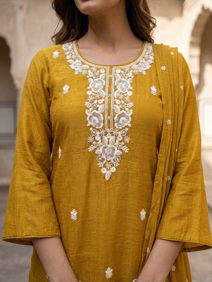 Embroidered mul chanderi crust kurta and sharara set with lining