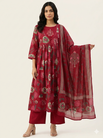 Pure Cotton A Line Anarkali Floral Print Dupatta Set ANKO38
