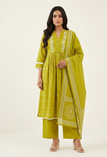 Pure Cotton A Line Three Piece Dupatta Set With Embroidery CS0240