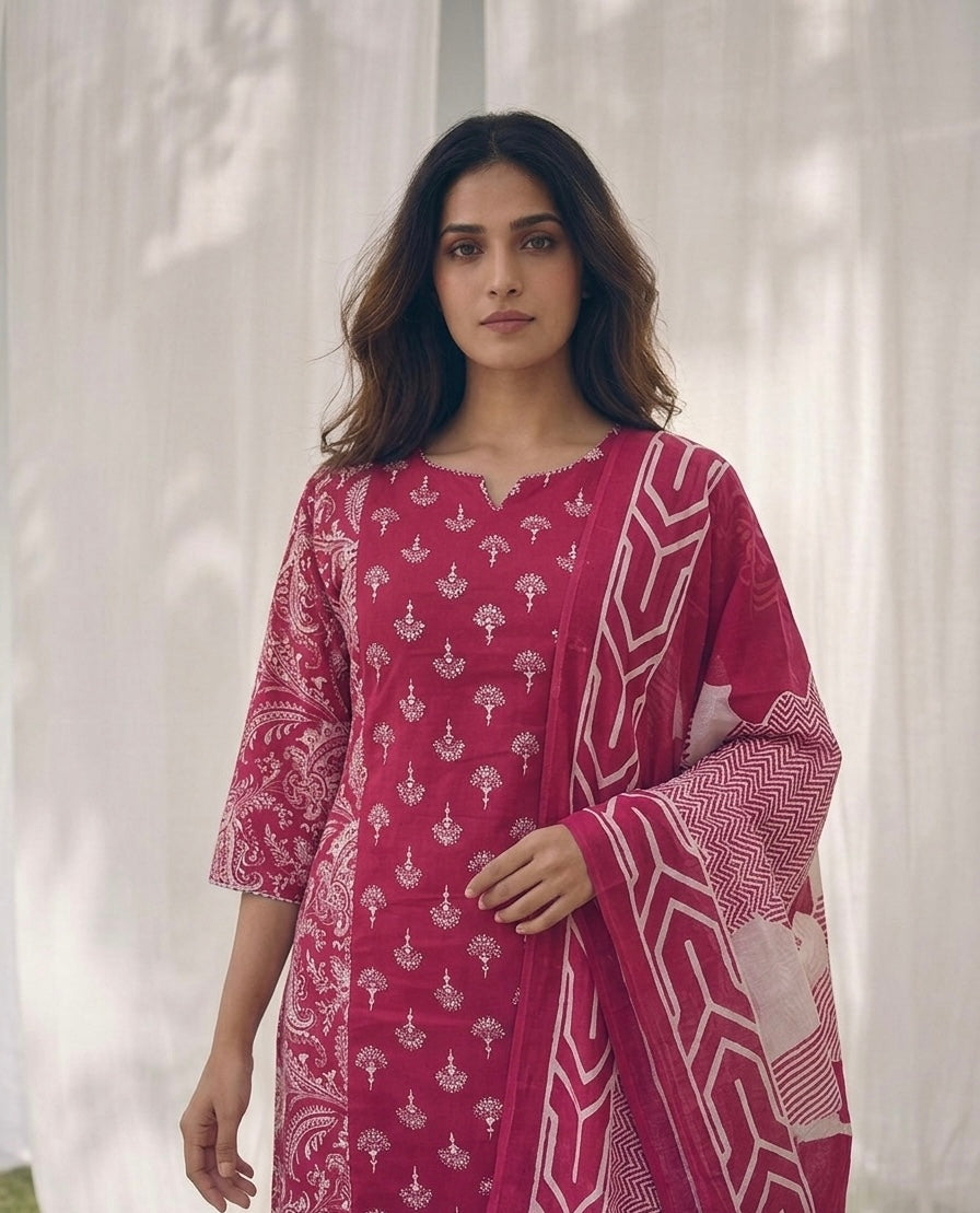 Pure Cotton Three Piece Dupatta Set LSS070