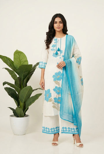 Pure Linen Three Piece Dupatta Set