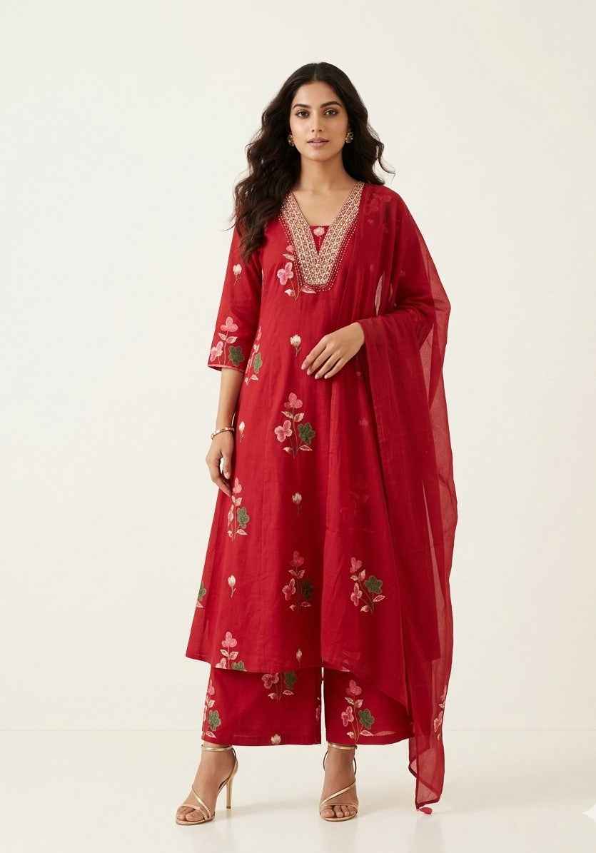 Pure Cotton Three Piece Dupatta set With Embroidery CS0247