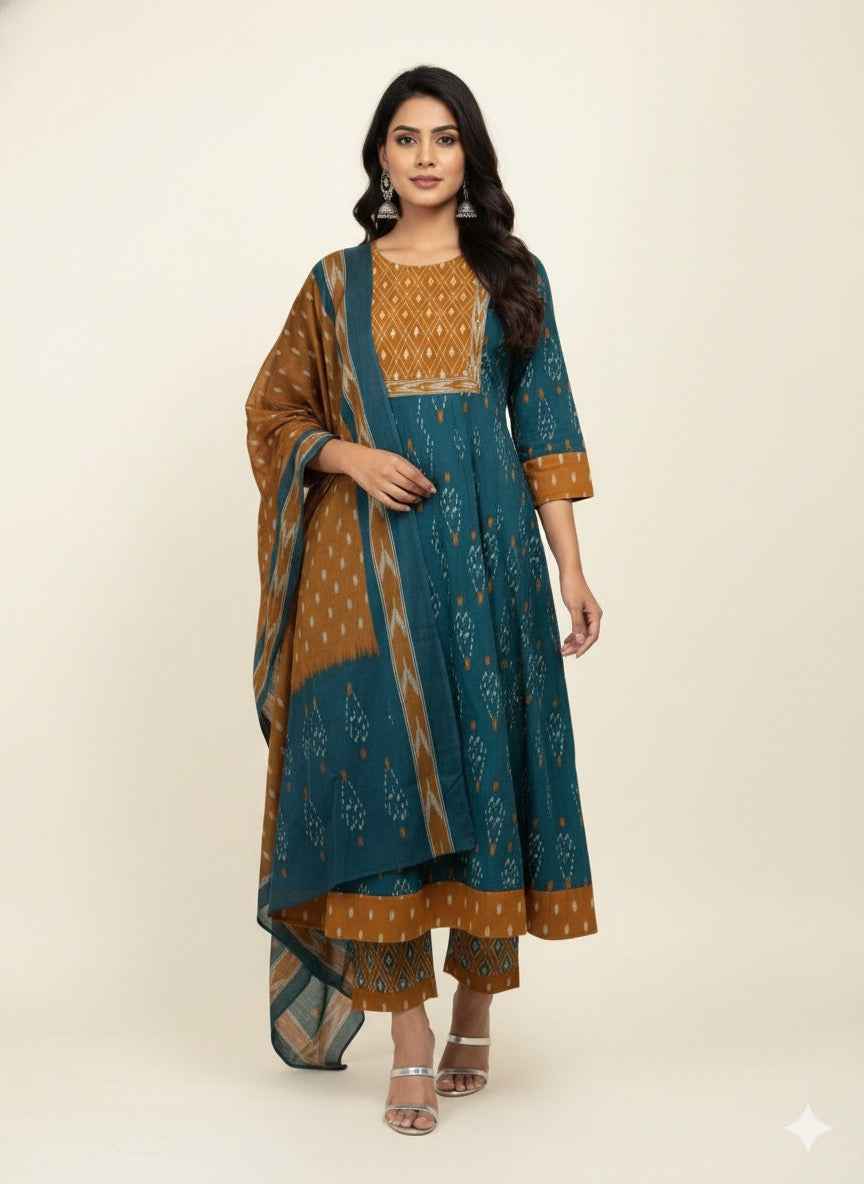 Pure cotton ikkat print anarkali Dupatta set ANK026