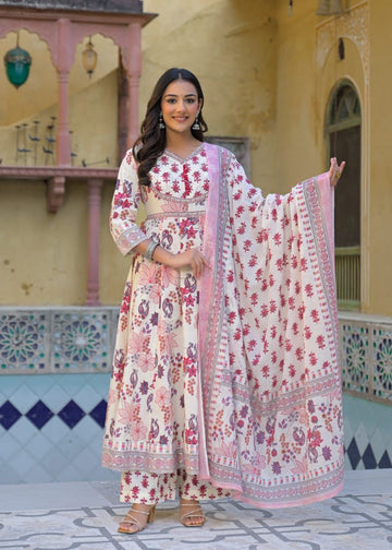 Premium cotton floral print Anarkali Dupatta set