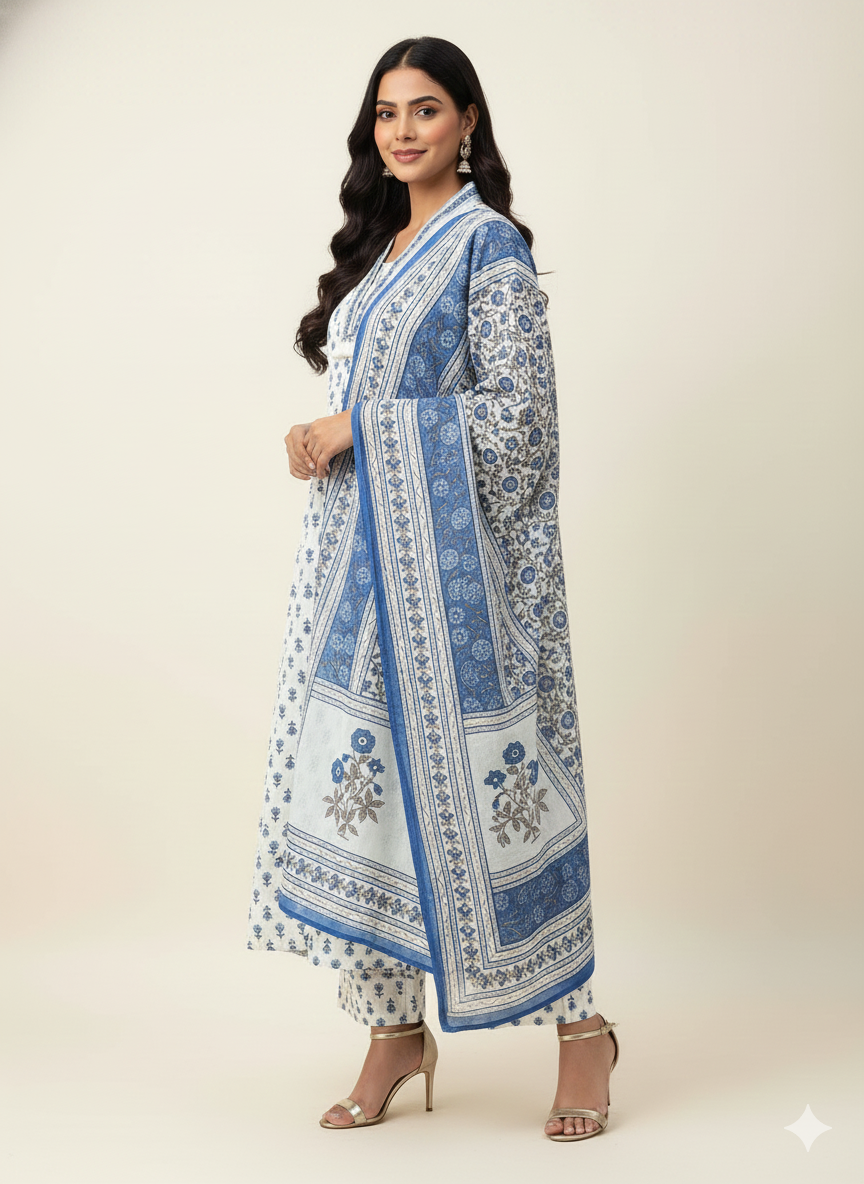 White Base Hand Block Anarkali Suit In Cotton   FL0184