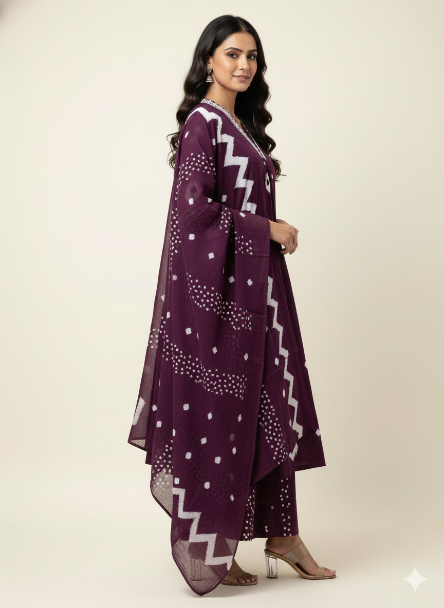 Ikkat Print Flaired Pattern Anarkali Suit In Pure Cotton  FL0170