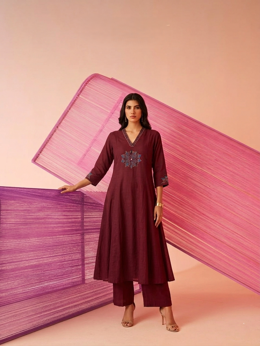 Pure Muslin A Line Three Piece Dupatta Set With patch Work MS001