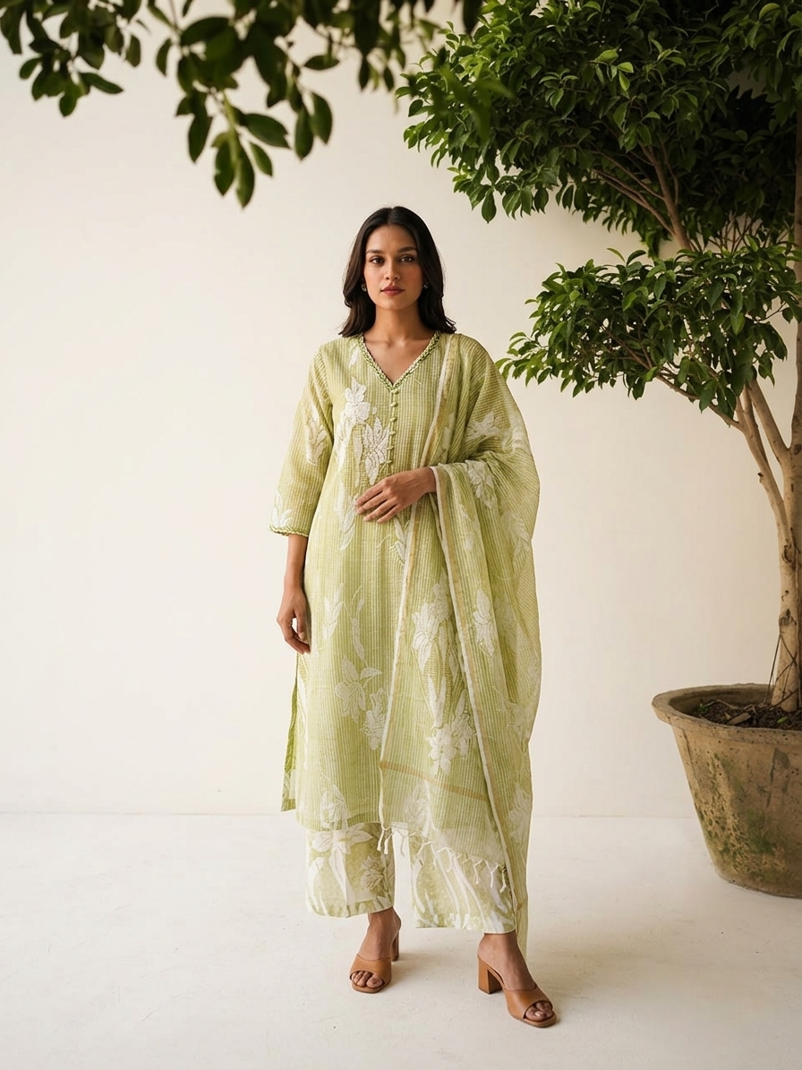 Pure Kota Doria Floral Print Dupatta Set KD017