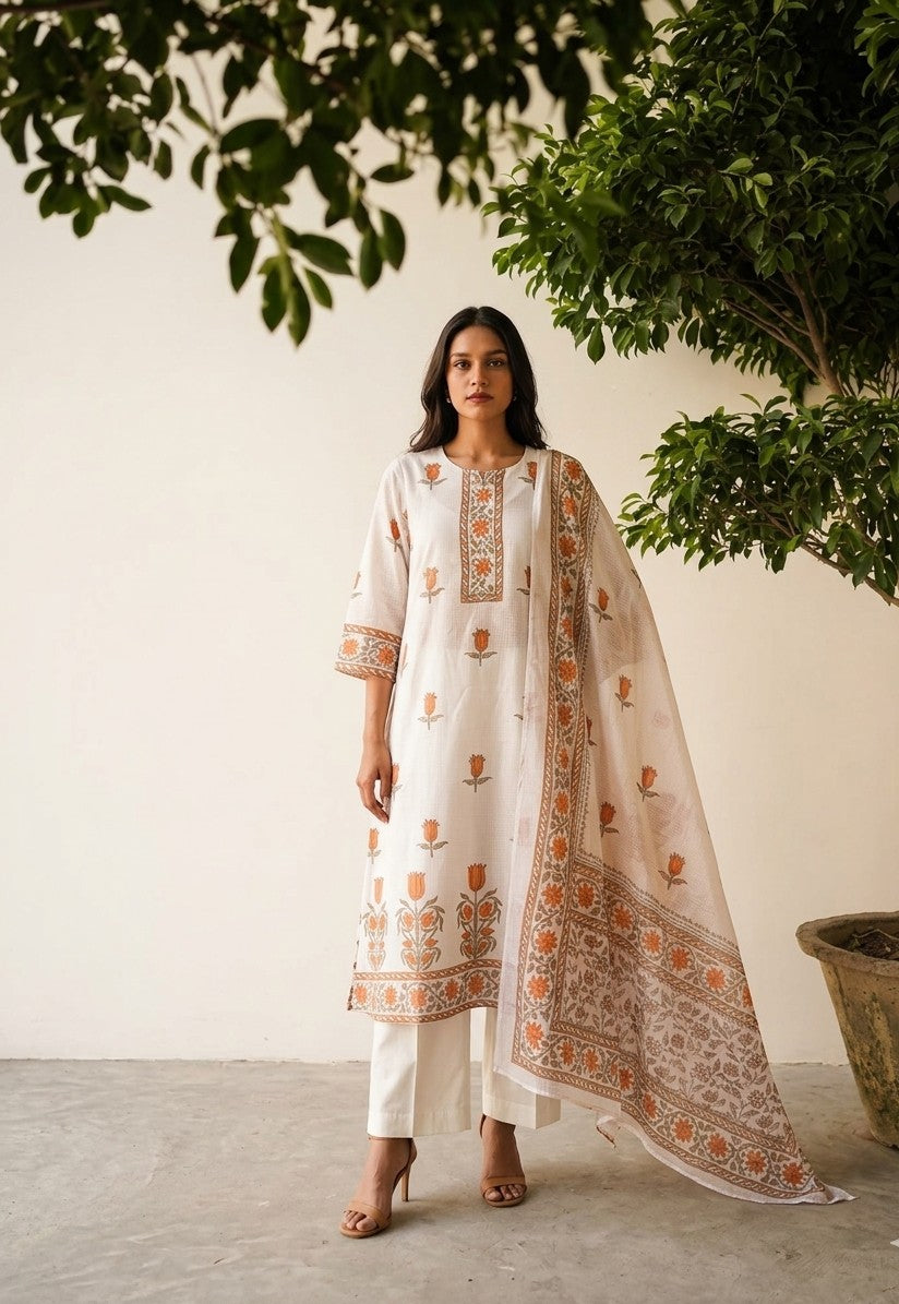 Pure Kota Doria Three Piece Dupatta Set